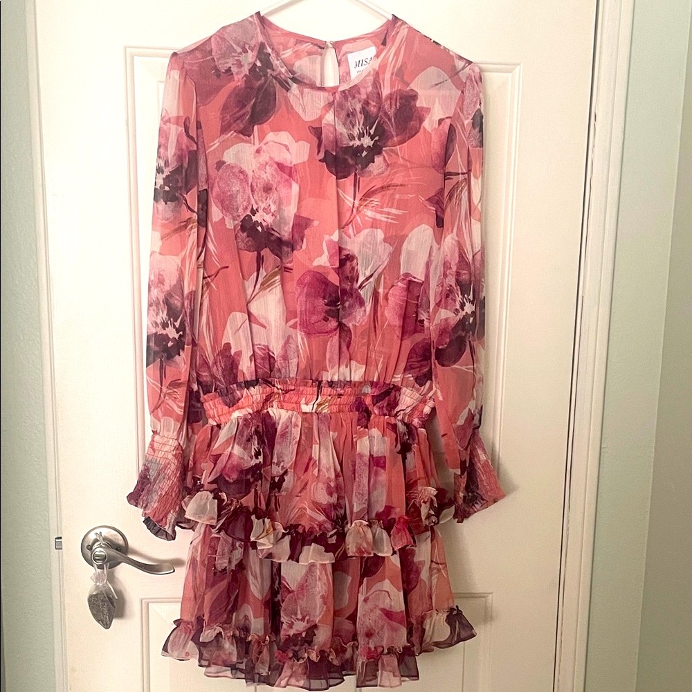 Misa Los Angeles Bridget Ruffled Floral Pink/Burgundy Dress Size Medium NWT